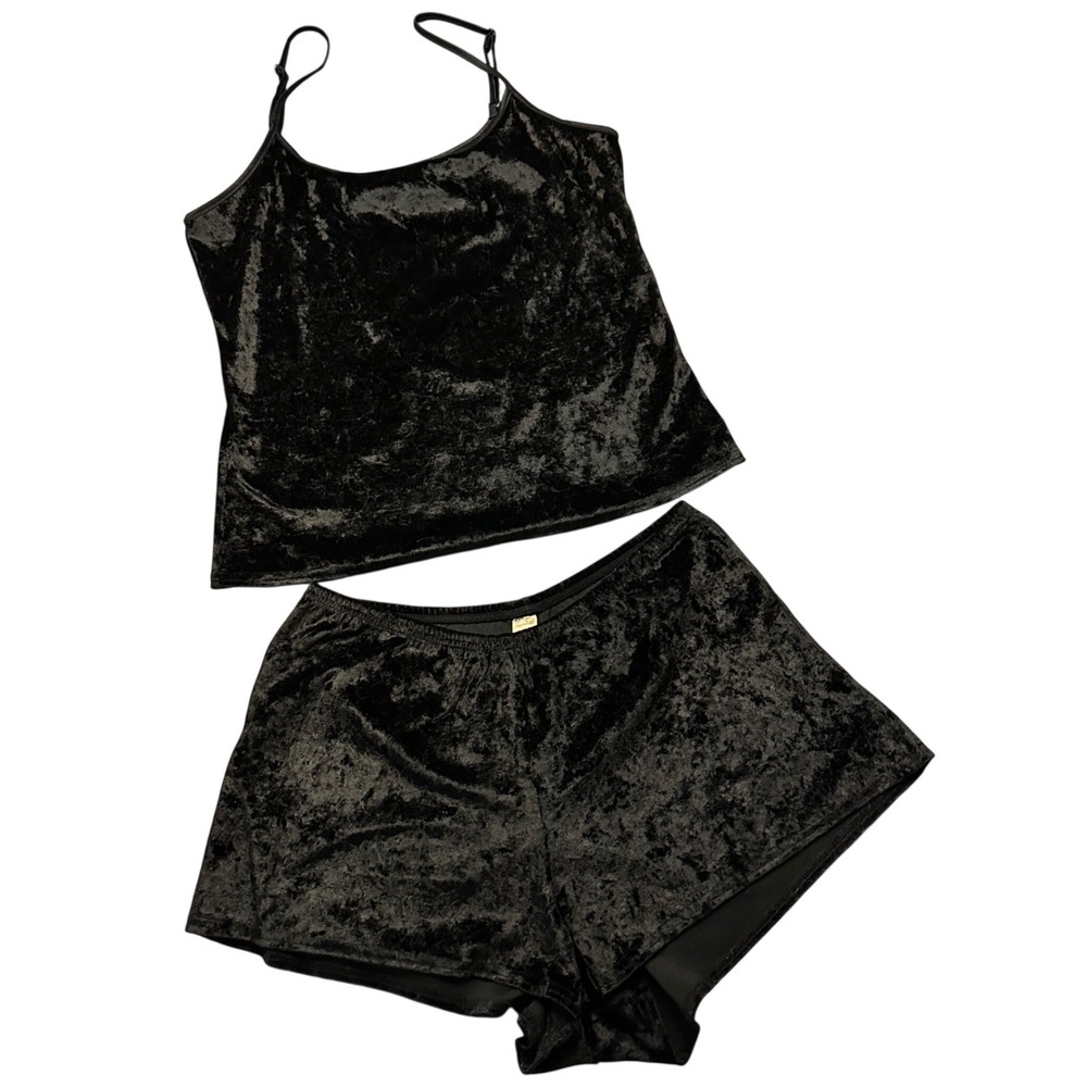 NY&CO Intimates Black Crushed Velvet Pajama Set Cami and Shorts Small Y2K
